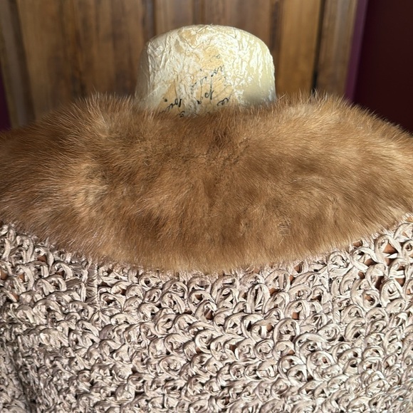 Vintage 40s 50s Pam Stewart ribbon knit crop coat chocolate brown mink collar - Picture 6 of 17